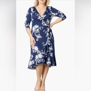Kiyonna Navy and White Floral “Flirty Flounce” Wrap Midi Dress